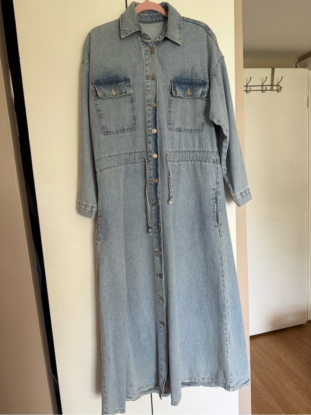 Light Blue Denim Button-Front Maxi Overall Dress with Drawstring Waist
